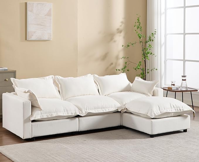 chairus 97" Modular Sectional Sofa with Moveable Ottoman Upholstered Deep Seat Linen Couch Set with Soft Pillows L Shaped Sofa Couch for Living Room, Apartment, Reception Room, 3-Seater/White