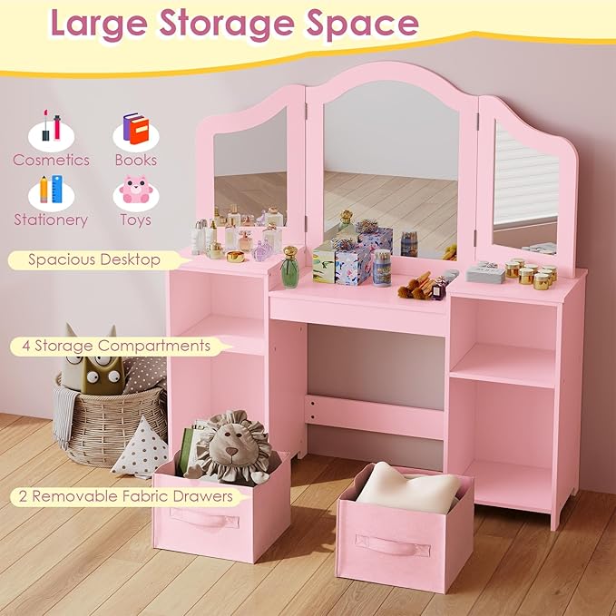 Arlopu Kids Vanity Set, 2 in 1 Toddler Makeup Dressing Table and Chair Set w/Detachable Tri-fold Mirror, Open Shelves, Princess Wooden Pretend Play Desk Furniture Toy for Little Girl (Pink)