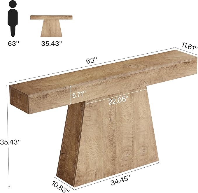 Tribesigns 63" Console Table, Farmhouse Entryway Table with Trapezoidal Base, Narrow Long Wood Sofa Table Behind Couch Table for Entrance, Hallway, Living Room, Natural