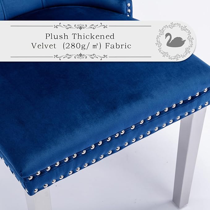 Velvet Upholstered Dining Chairs Set of 6, Modern Style Kitchen Side Chairs with Nailhead Trim and Silver Plated Leg, Metal Pulling Ring for Dining Room Living Room(Blue-Silver Plated Leg)