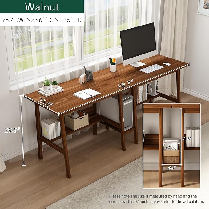 2-Person Writing Desk with Bookshelf - 79" Wooden Extra Long Home Office Work Table, Double Study Computer Workstation with Storage Shelves in Walnut, 79" W x 24" D