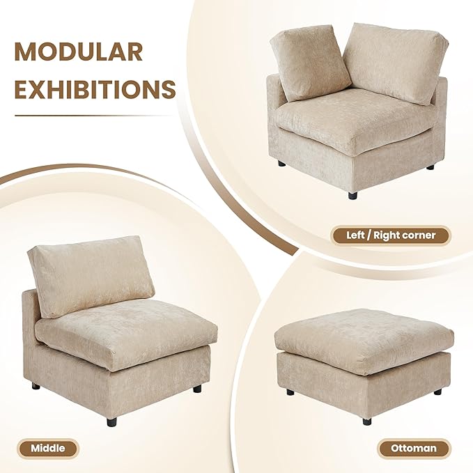 WJShome L Shaped Sectional Couch 134 Inch 4-Seater Modern Modular Sofa with Ottoman,Chenille Deep Seat Couches for Living Room, Bedroom and Apartment，Khaki