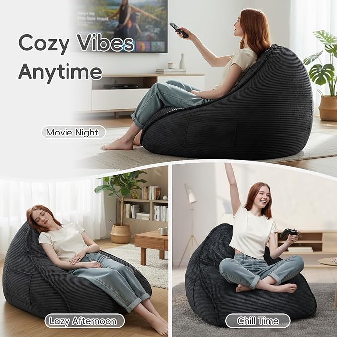 Cloud Bean Bag Chair with Ottoman for Adults, Comfy Corduroy Chaise Lounge Chair with High-Resilience Foam, Oversized Boneless Reading Chair for Bedroom & Living Room Black