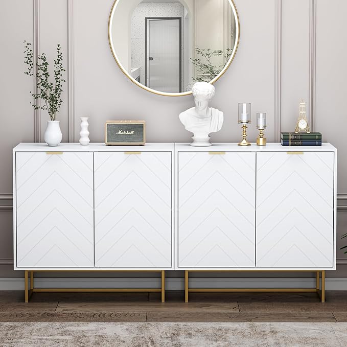 Scurrty Set of 2 31.5'' Sideboard Buffet Cabinet with Storage, Top Weight Capacity 150lbs Sideboard Storage with Doors and Adjustable Shelf, Accent Cabinet for Living Room, Kitchen, White