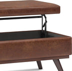SIMPLIHOME Owen 42 inch Wide Mid Century Modern Rectangle Lift Top Large Coffee Table Storage Ottoman in Distressed Saddle Brown Vegan Faux Leather, Assembled, for the Living Room and Entryway