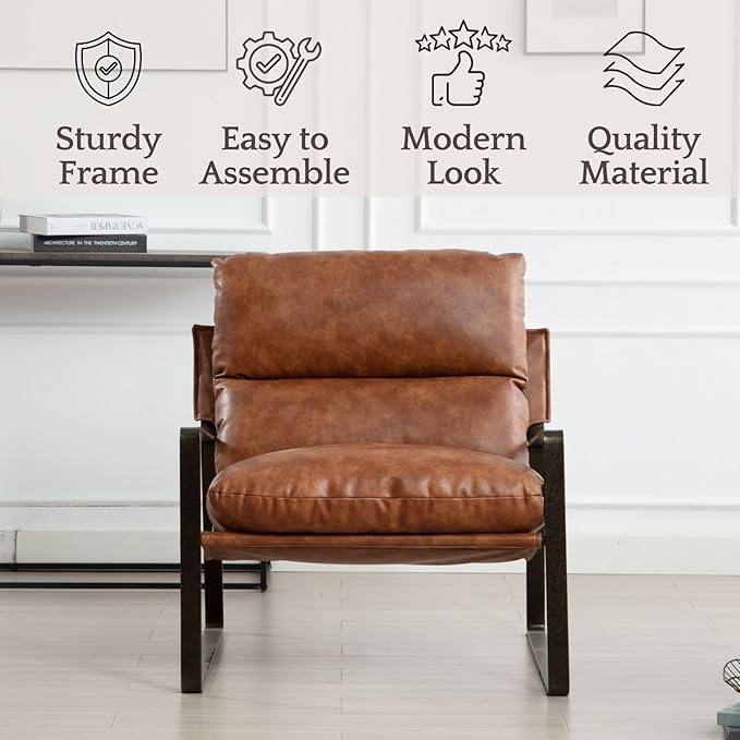 LukeAlon Modern PU Leather Accent Armchairs Set of 2, Upholstered Lounge Chair with Brass Metal Frame Thickened Cushion Single Sofa Chair Leisure Chair with Lychee Grain for Bedroom Living Room, Brown