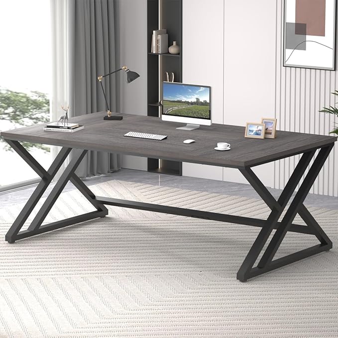 LVB Long Rustic Computer Desk, Industrial Large Wood Metal Office Desk, Modern Pc Study Gaming Writing Table for Two Person, Workstation Executive Desk for Home Bedroom Living Room, Dark Gray, 70 Inch