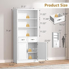 72'' Tall Bookcase with Doors and Drawers, Adjustable Shelves, P2 MDF Construction, 32'' Wide Freestanding Cabinet with Metal Handles, Hidden Storage for Living Room, Bedroom, White