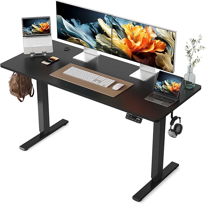 YIHAYO Electric Standing Desk, 55 x 24 Inches Stand Up Desk with Splice Board, Computer Desk for Home Office, Black Frame/Black Top
