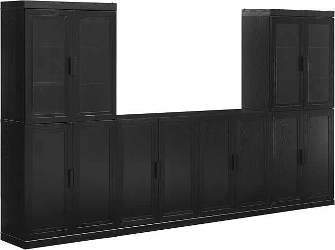 Crosley Furniture Essen 3-Piece Modern Glass Door Sideboard Buffet Cabinet and Kitchen Storage Pantry Set, Black
