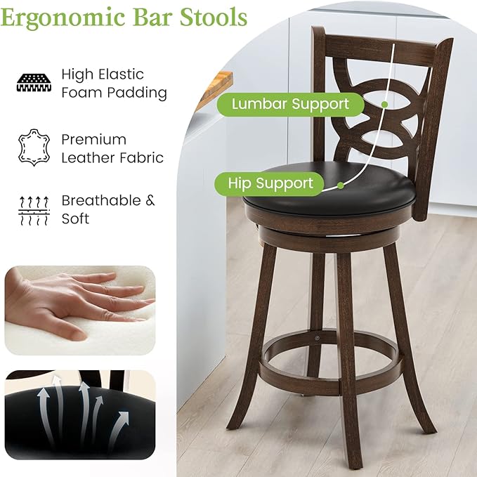 ERGOMASTER Swivel Bar-Stools Set of 2 Counter Height Barstool 29 Inch Seat Bar Chair Rubberwood Frame Brown for Rustic & Classic