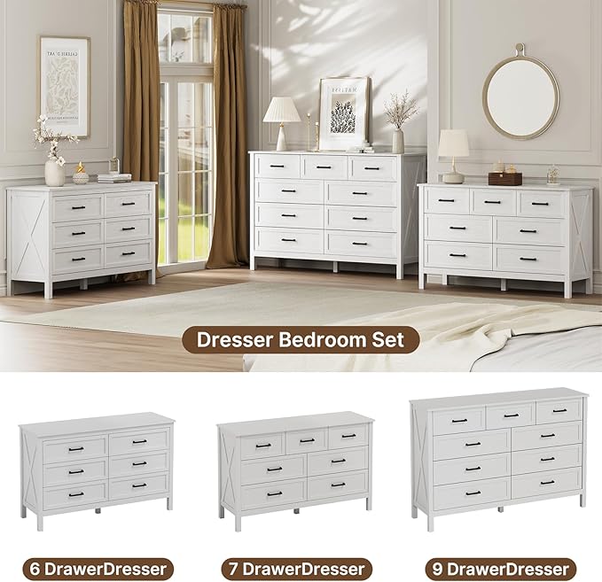 LYNSOM Farmhouse 9 Drawer Dresser for Bedroom, 55 Inch Wide Wood Rustic Chest of Drawers with X-Marking & Bar Handle, Large Storage Dressers Organizer for Bedroom, Living Room, White
