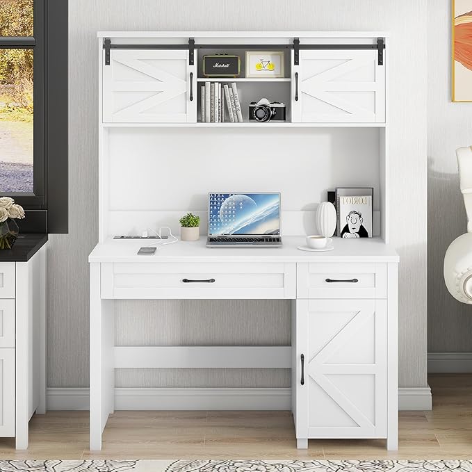 Vabches Farmhouse 47" Executive Desk, Computer Desks with 2 Drawers and Storage Cabinet, Home Office Desk with Hutch and Charging Station, Workspace for Work and Study. (Cream White)