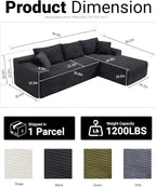 95 Inch Cloud Sectional Couch,Modular Sectional Sofa with Deep Seat,Modern Corduroy Boneless Couches with L-Shape Chaise for Living Room Bedroom,No Assembly Required (Black, Right Facing Chaise)