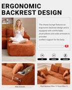 108" Cloud Sectional Couch,Modern Modular Sectional Sofa with Deep Seat,Corduroy Boneless Couches with L-Shape Chaise for Living Room,No Assembly Required (Orange, Right Facing Chaise)