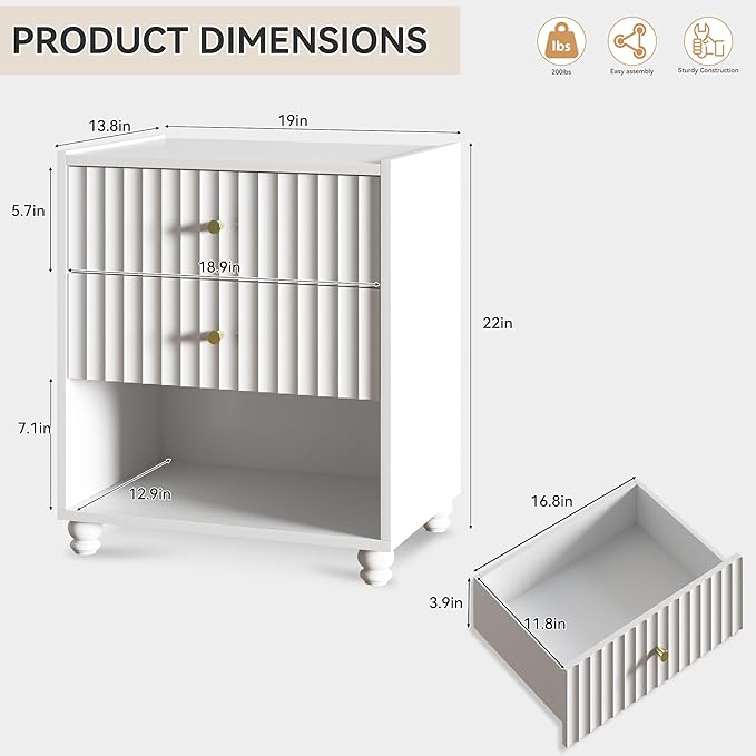 Modern Nightstand, Fluted End Table with 2 Drawers, Nightstand with Open Shelf for Bedroom (1, White)
