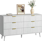 CARPETNAL Fluted 6 Drawer Dresser for Bedroom, 55" Wide Wooden Chest of Drawers with Rounded Corners, Gold Handles, Modern Storage Organizer for Bedroom, Hallway(White)