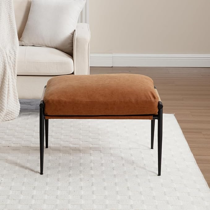 DUOMAY Cute PU Leather Single Footrest, Upholstered Footstool with Black Metal Legs Mid Century Modern Vanity Room Ottoman Shoe Stool for Living Room Bedroom Dressing Room, Brown
