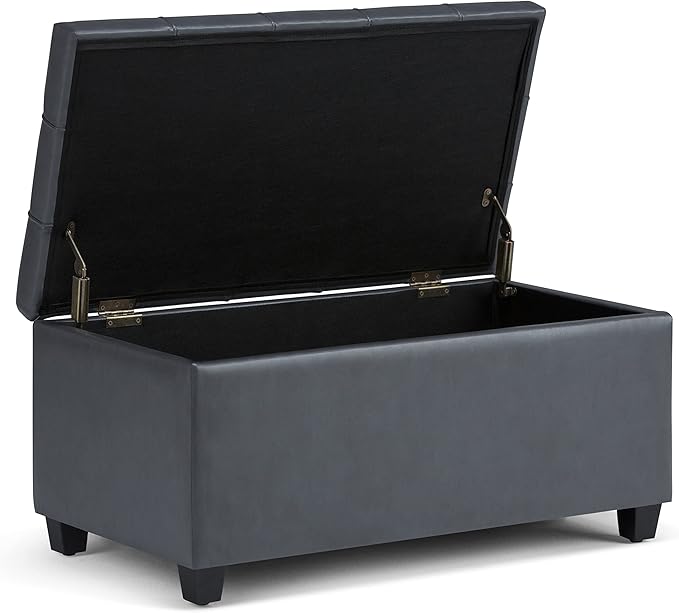 SIMPLIHOME Sienna 33 inch Wide Transitional Rectangle Storage Ottoman Bench in Stone Grey Vegan Faux Leather, Assembled, For the Living Room, Entryway and Family Room