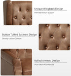 Lumibee High Back Accent Chairs Set of 2,Upholstered Faux Leather Wingback Armchairs with Solid Wood Legs for Small Spaces,Comfy Single Sofa Chairs for Living Room,Bedroom,Office-Brown