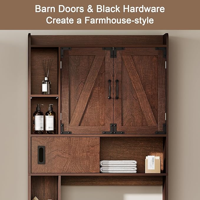 ChooChoo Over The Toilet Storage Cabinet, Farmhouse Bathroom Storage Cabinet with Sliding Door, Over Toilet Storage with Adjustable Shelves, Space-Saving, Walnut