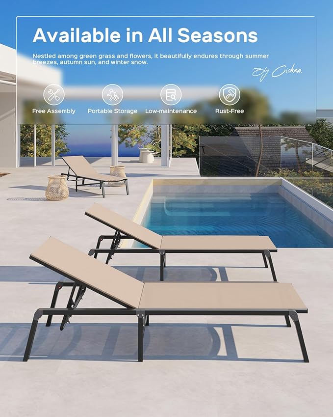 Patio Chaise Lounge Chair Set of 4, Foldable Lounge Chair for Outside, Aluminum Chairs with 5 Adjustable Backrest, Outdoor Pool Lounger for Poolside, Lawn, Deck, Khaki