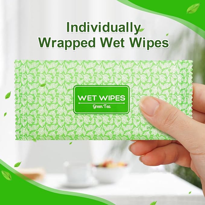 100 Pcs Wet Wipes Individually Wrapped, Personal Cleansing Wipe, Travel Size Hand Wipe, Green Tea Wipes Bulk for Homeless, Suitable for Restaurant, Wedding, Barbecue, Light Green (100 PCS)