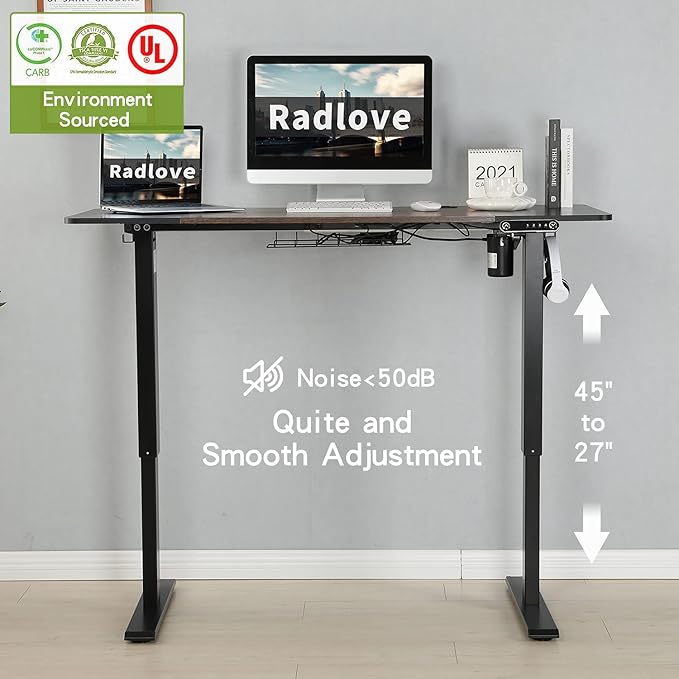 Radlove Electric Height Adjustable Standing Desk, 55 x 24 Inches Sit Stand up Workstation, Splice Board Memory Computer Table Ergonomic (Black Frame + 55" Black+Brown Top)