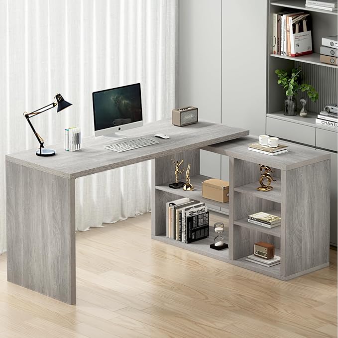 HSH Gray L Shaped Corner Desk with Storage Shelves, Reversible L Shape Computer Desk with Storage Cabinet, Adjustable Corner Home Office Desk for PC Executive Writing Study Work, Light Grey, 55 Inch