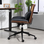 Rattan Office Chair, Criss Cross Legged Office Desk Chairs with Wheels, PU Leather Adjustable Swivel Walnut Task Chair with Wide Seat, Ergonomic Mid Back Computer Chair for Meeting Room, Home