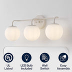 JONATHAN Y JYL3536C Louis Parisian Globe 25" 3-Light Metal/Frosted Glass Modern Contemporary LED Vanity Light Midcentury, Glam, Transitional, Bathroom, Powder Room, Dressing Room, Bedroom, Almond