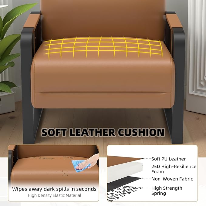 Faux Leather Accent Chair with Flip Up Tray Table Soft Backrest Side Pocket for Living Room Office Bedroom Leather Accent Chair, Brown