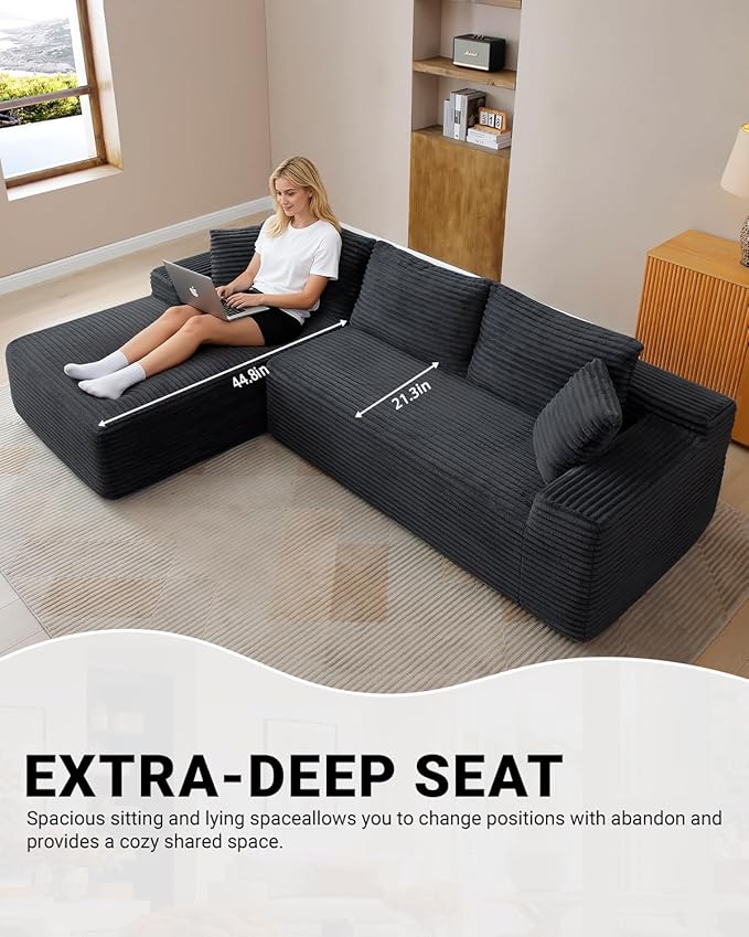 95 Inch Cloud Sectional Couch,Modular Sectional Sofa with Deep Seat,Modern Corduroy Boneless Couches with L-Shape Chaise for Living Room Bedroom,No Assembly Required (Black, Left Facing Chaise)