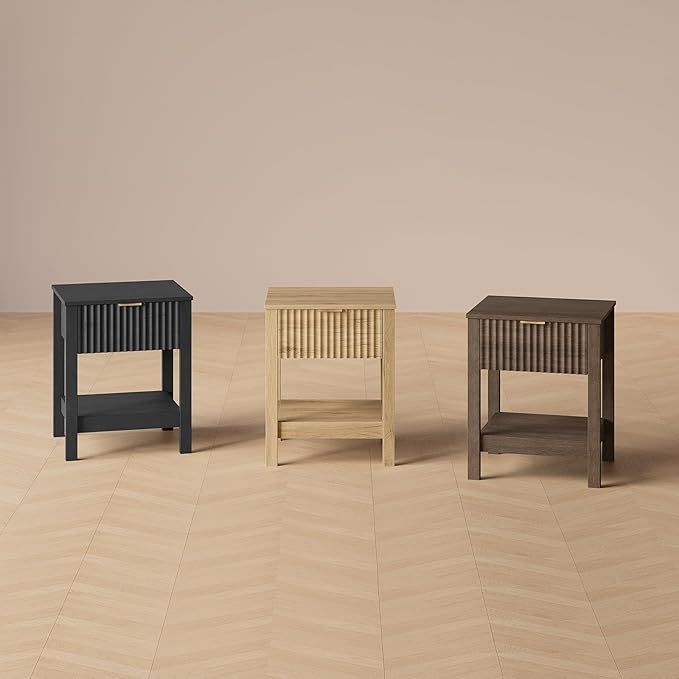 Fluted Night Stand with Golden Handle,Mid-Century Nightstands with Drawer,Modern Bedside Table with Storage Shelf,Large End Tables for Livingroom,Bed Side Tables for Bedroom,Walnut