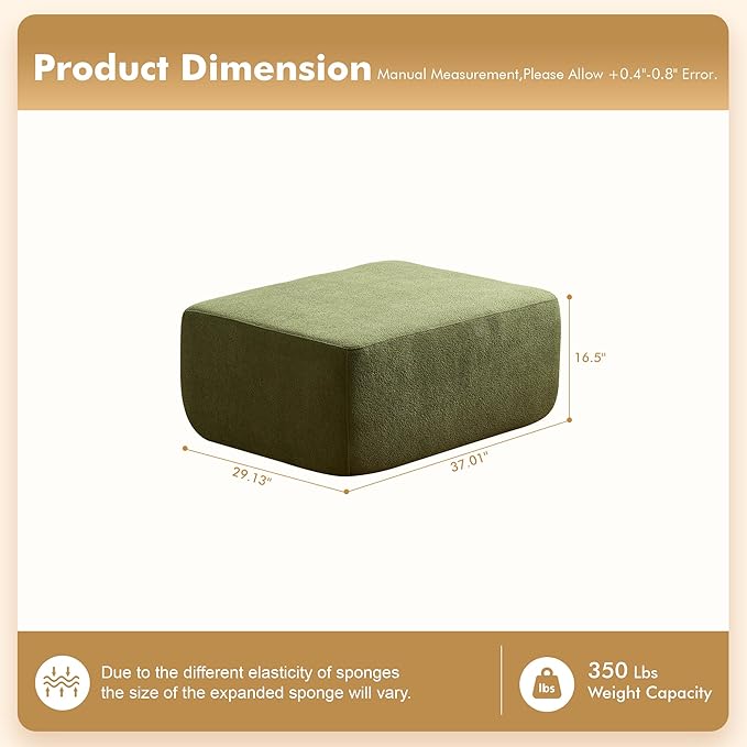 37.1" Ottoman for Couch, Teddy Fleece Memory Foam Ottoman Cloud Boneless Sectional Couch for Living Room Foot Stools No Assembly Require, Cloudy Velvet,Green