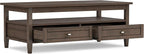 SIMPLIHOME Warm Shaker Coffee Table - 48 inch Wide Solid Wood Cocktail Table in Farmhouse Brown, Transitional Living Room Table with 2 Storage Drawers and Open Shelf for Sitting Area or Lounge