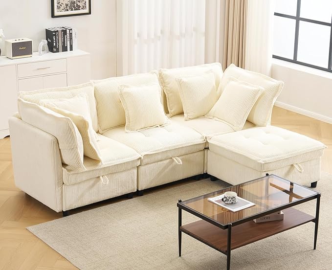 103" Modular Sectional Sofa, L-Shaped Corduroy Comfy Sectional Couches for Living Room, 3-Seater Cloud Couches with 1 Ottoman, Modern Deep Seat Sofa with Large Storage, Corduroy Beige