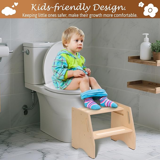 Step Stool for Toddlers & Kids - Wooden Height Adjustable Kids 2 Step Stool with Safe Non-Slip Pads - Potty Training Stool for Bathroom Sink, Bedroom,Kitchen Dual Height Step Stools for Kids(Natural)