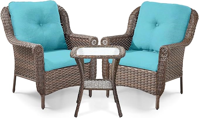 3 Piece Patio Brown Wicker Chairs with Side Table - Outdoor High Back Heavy Duty All-Weather Lawn Dining Rattan Chair Conversation Bistro Set for Deck Porch Balcony Backyard Garden - Turqoise