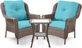 3 Piece Patio Brown Wicker Chairs with Side Table - Outdoor High Back Heavy Duty All-Weather Lawn Dining Rattan Chair Conversation Bistro Set for Deck Porch Balcony Backyard Garden - Turqoise