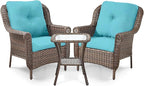 3 Piece Patio Brown Wicker Chairs with Side Table - Outdoor High Back Heavy Duty All-Weather Lawn Dining Rattan Chair Conversation Bistro Set for Deck Porch Balcony Backyard Garden - Turqoise
