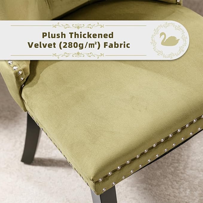Velvet Upholstered Dining Chairs Set of 6, Modern Style Kitchen Side Chairs with Nailhead Trim and Wood Legs,Metal Pulling Ring for Dining Room Living Room(Olive Green,Set of 6)