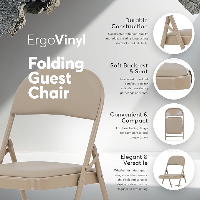 Oline Vinyl Folding Chairs, Padded Vinyl Cushion Chairs with Durable Metal Frame, Indoor Outdoor Stackable Foldable Guest Chairs for Office Wedding Kitchen Dining, 300lb Capacity (Khaki, 6 Pack)