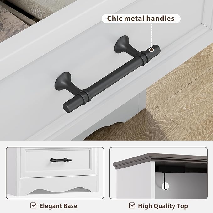 Nightstand with Charging Station, Farmhouse End Table with 2 Drawers Storage and Open Shelf, Wood Cabinet with Unique Base Design, Bedside Table for Bedroom, Living Room, White