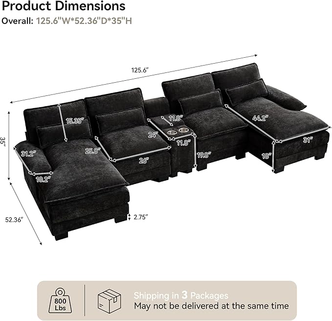 U Shaped Sectional Sofa with Storage Console, Cup Holders & USB Ports, Small Modular Cloud Couch with Deep Seats, Modern Comfy Living Room Sofa for Apartment, Chenille Black