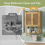 AmazerBath Bathroom Wall Cabinets, Bamboo Medicine Cabinet with Rattan Door, Over The Toilet Storage Cabinet with Towel Bar, Wall Mounted Cabinet with Adjustable Shelves for Small Spaces