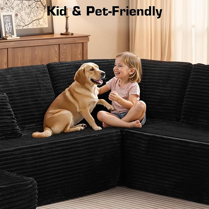 Oversized U Shaped Boneless Sectional Cloud Couch, 133.1'' Modular Sofa with Chaise, Deep Seat Plush Corduroy Couches for Living Room, No Assembly Required,Plush Corduroy,Black