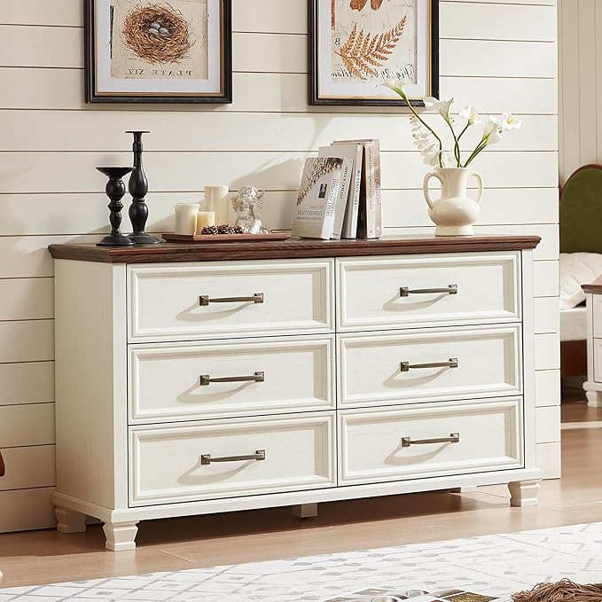Farmhouse Bedroom Dresser and Nightstand Set of 4, 6 Drawer Low & 5 Drawers Dresser & 2 Drawer Nightstand Set, Rustic Wood Bedroom Furniture Set for Livingroom, Hallway, White