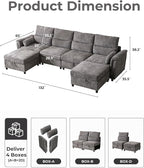 132'' Modular Sectional Sofa, U Shaped Comfy Cloud Couch with Large Storage, Extra Deep Seat, Modern Chenille Sofa with Chaise, 6 Seat Convertible Couches for Living Room, Grey