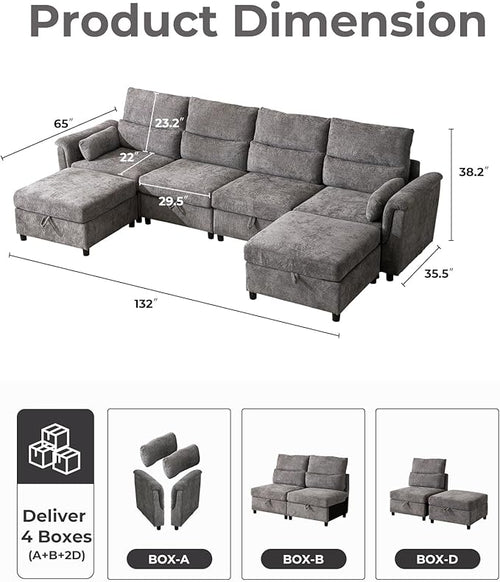 132'' Modular Sectional Sofa, U Shaped Comfy Cloud Couch with Large Storage, Extra Deep Seat, Modern Chenille Sofa with Chaise, 6 Seat Convertible Couches for Living Room, Grey